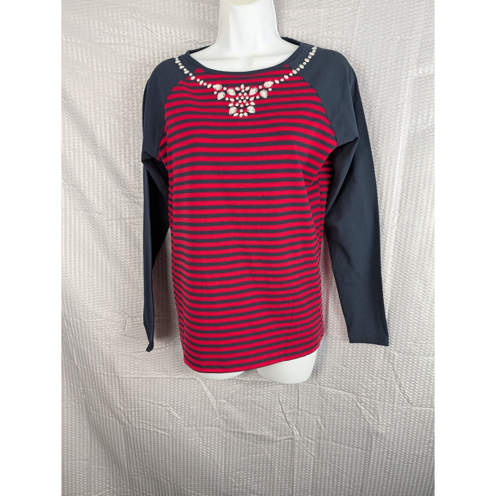 DG2 Diane Gilman Embellished Stripe Raglan Top XS Red Black Crystal Jewel Neck